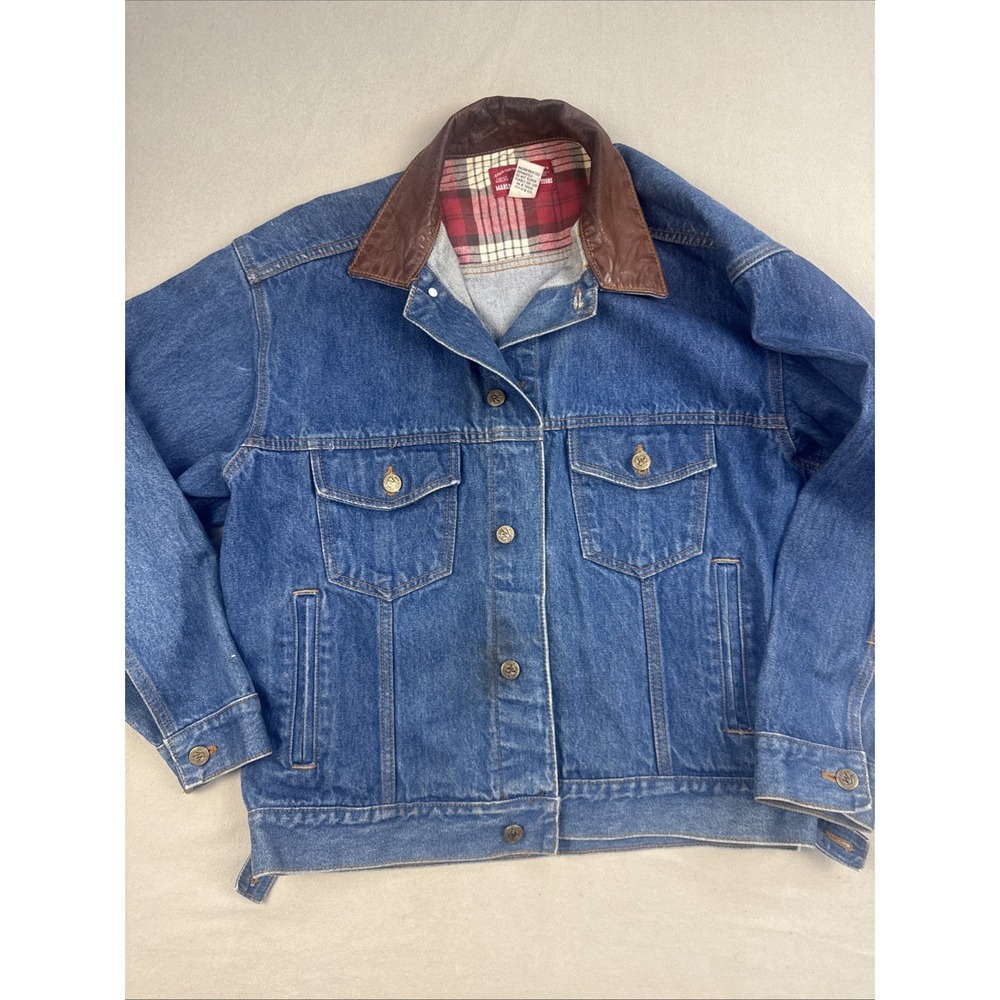 Vintage Marlboro Country Store Mens Medium Denim Trucker Jacket Leather Collar